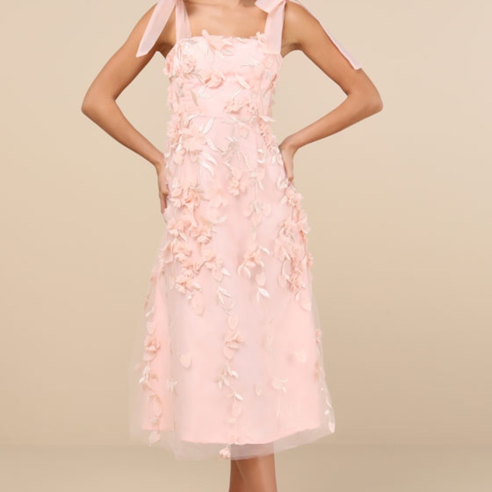 Lulus Effortlessly Sweet Blush Tulle 3d Floral Tie-strap Midi Dress Pink
